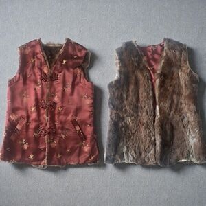 Vintage Chinese Deep Burgundy Reversible Floral Rabbit Fur Vest